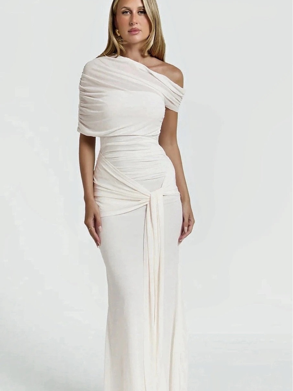 Showpo Nicolette One-Shoulder Ruched Maxi Dress in White Size 4